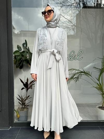 Tül Organze İşlemeli İkili Abaya Gri