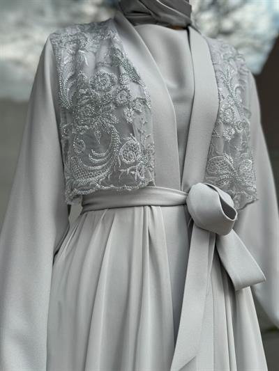 Tül Organze İşlemeli İkili Abaya Gri