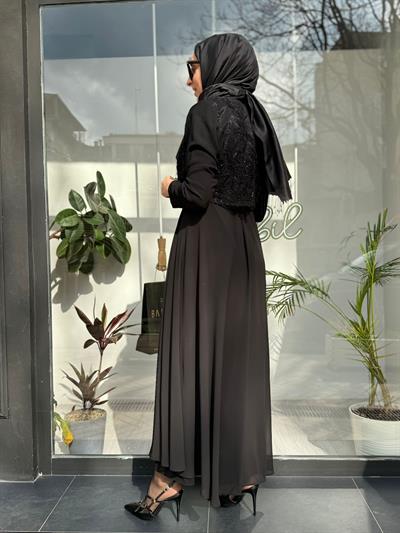Tül Organze İşlemeli İkili Abaya Siyah