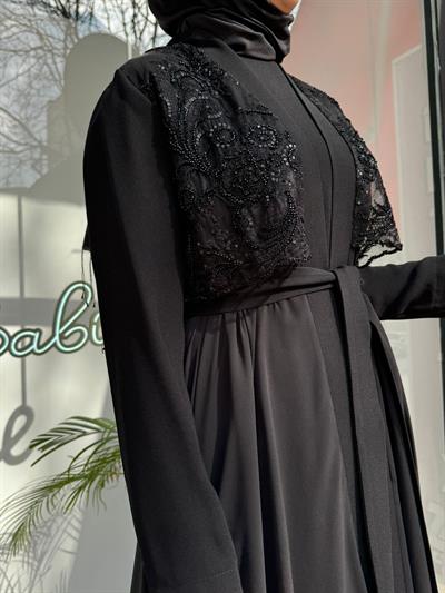 Tül Organze İşlemeli İkili Abaya Siyah