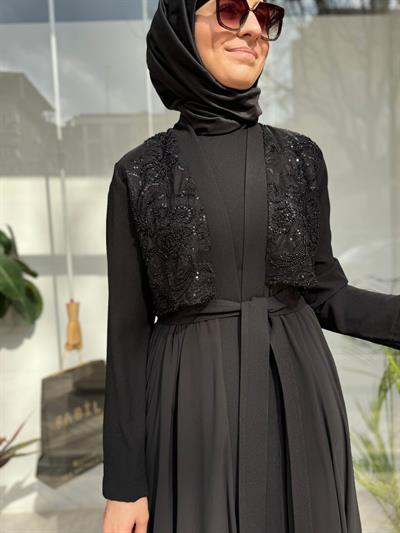 Tül Organze İşlemeli İkili Abaya Siyah