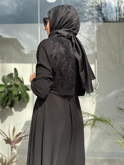 Tül Organze İşlemeli İkili Abaya Siyah