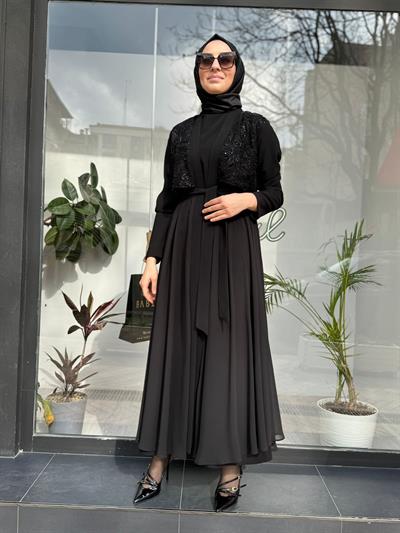 Tül Organze İşlemeli İkili Abaya Siyah