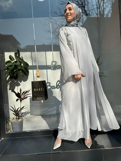 Tül Yarasa Kol Detaylı İşleme İkili Abaya Gri