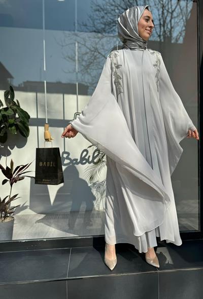 Tül Yarasa Kol Detaylı İşleme İkili Abaya Gri