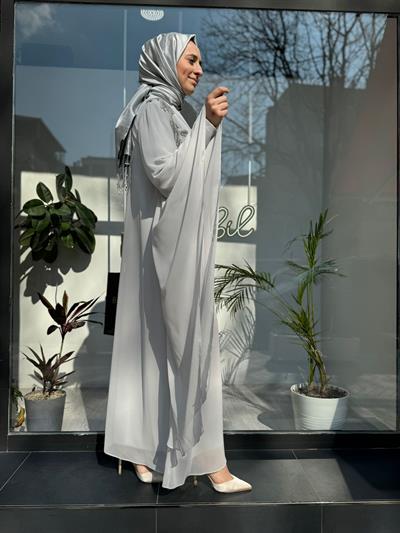 Tül Yarasa Kol Detaylı İşleme İkili Abaya Gri