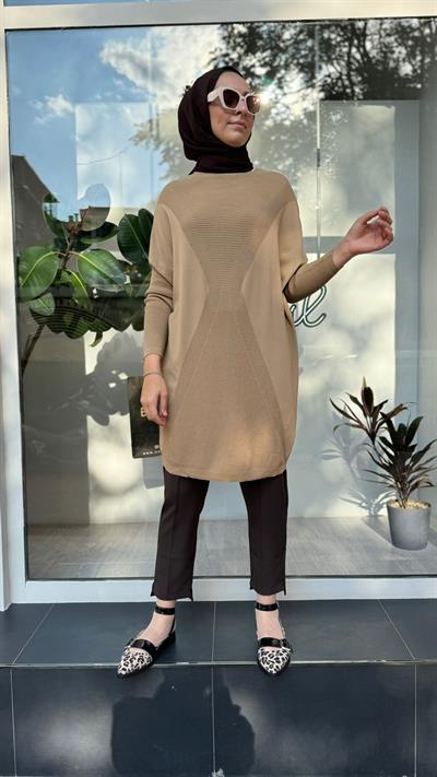 Üçgen Fitil Geçişli Kadın Triko Tunik Camel