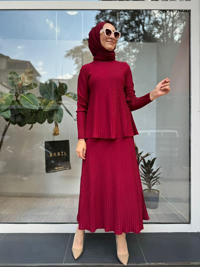 Üçgen Fitilli Triko Tunik Bordo