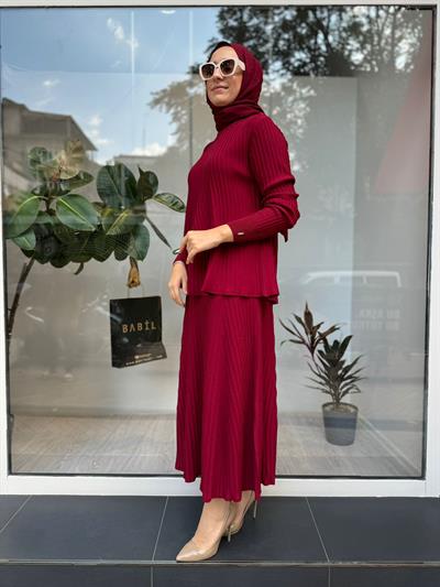 Üçgen Fitilli Triko Tunik Bordo