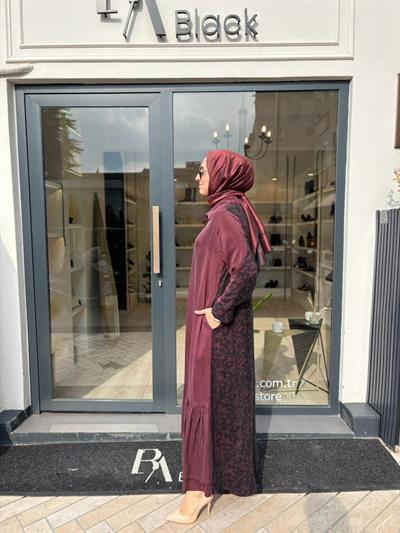 V3290 Arkası Desenli Kadın Elbise Bordo