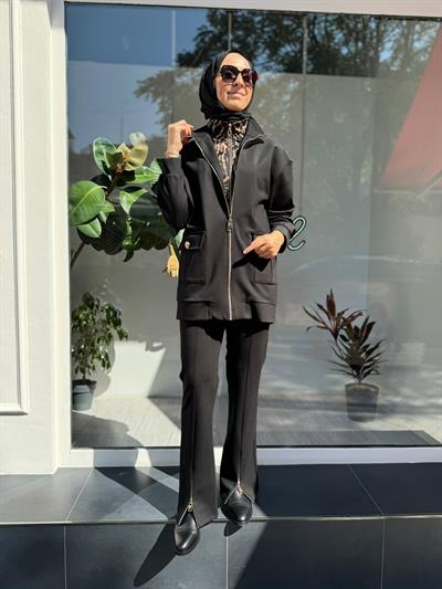Valery Leopar İç Detaylı Fermuarlı Kadın Ceket Siyah