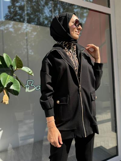 Valery Leopar İç Detaylı Fermuarlı Kadın Ceket Siyah