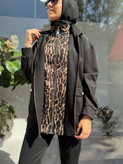 Valery Leopar İç Detaylı Fermuarlı Kadın Ceket Siyah