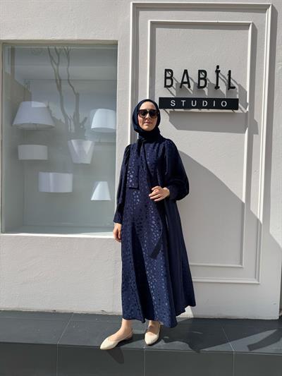 Yaka Bağlama Detaylı Kadın Elbise Lacivert