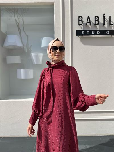 Yaka Bağlama Detaylı Kadın Elbise Bordo