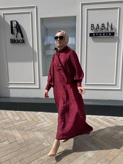 Yaka Bağlama Detaylı Kadın Elbise Bordo