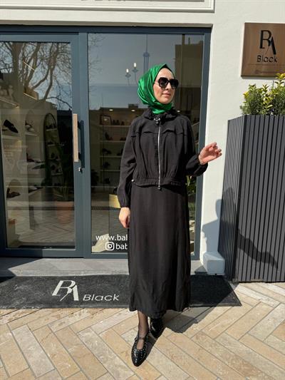 Yaka Detaylı Ceket Etek Kadın Takım Siyah