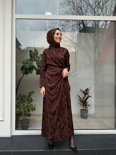 Yaka Detaylı Desenli Kadın Elbise Kahve