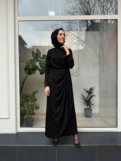 Yaka Detaylı Desenli Kadın Elbise Siyah