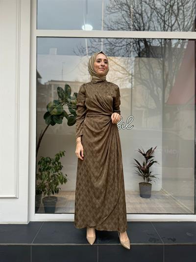Yaka Detaylı Desenli Kadın Elbise Yeşil