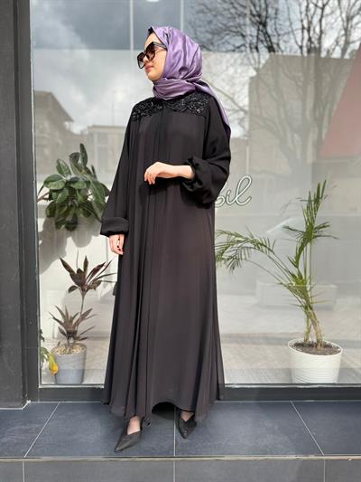 Yaka İşlemeli Şifon İkili Abaya Kadın Elbise Siyah