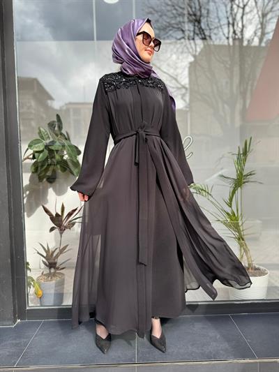 Yaka İşlemeli Şifon İkili Abaya Kadın Elbise Siyah