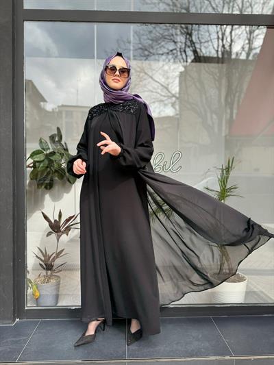 Yaka İşlemeli Şifon İkili Abaya Kadın Elbise Siyah