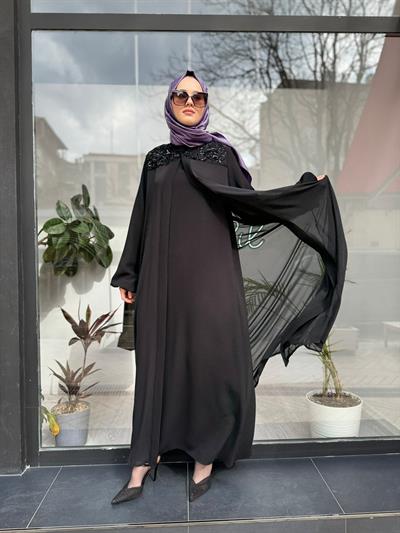 Yaka İşlemeli Şifon İkili Abaya Kadın Elbise Siyah