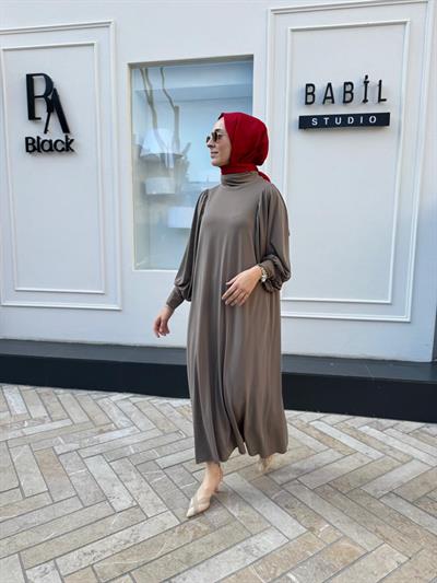Yakadan Fularlı A Form Kadın Elbise Vizon