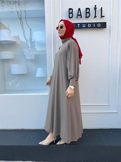 Yakadan Fularlı A Form Kadın Elbise Vizon