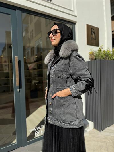 Yakası Kürklü Taş İşlemeli Kadın Mone Jean Ceket Gri