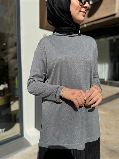 Yakası Taşlı Simli Alava Kadın Triko Tunik Gri