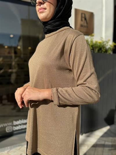 Yakası Taşlı Simli Alava Kadın Triko Tunik Camel
