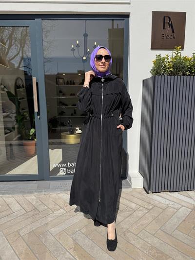 Yakası Ve Beli Sıkmalı Kadın Cupro Pardesü Siyah