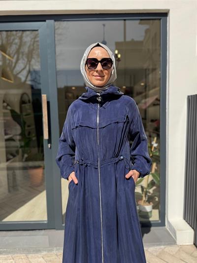 Yakası Ve Beli Sıkmalı Kadın Cupro Pardesü Indigo
