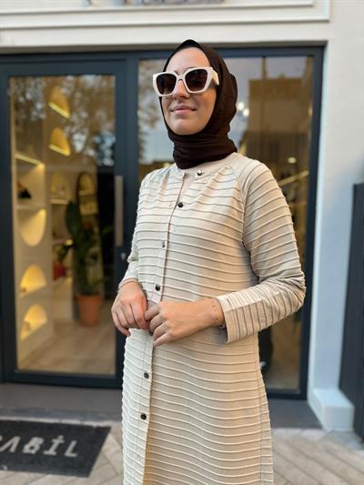 Yan Fitilli Düğmeli Triko Hırka Taş Rengi
