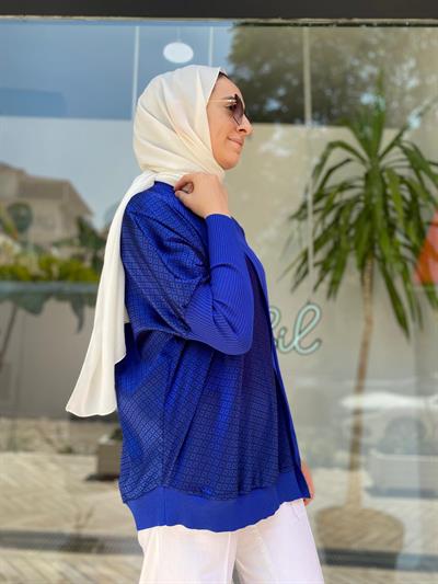 Yani Desen Şifonlu Kadın Triko Tunik Saks Mavi