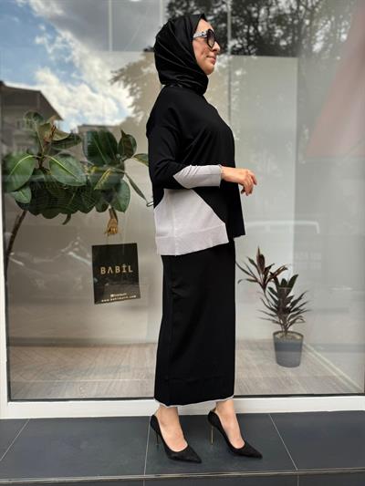 Yanları Renkli Etek Üstü Triko Tunik Siyah