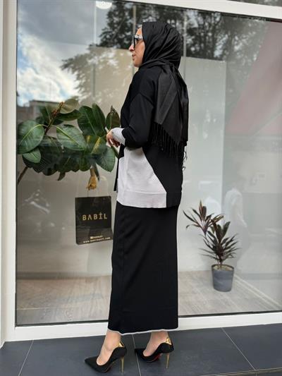 Yanları Renkli Etek Üstü Triko Tunik Siyah