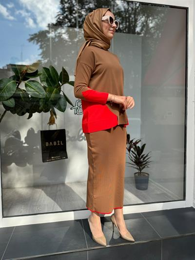 Yanları Renkli Etek Üstü Triko Tunik Toprak