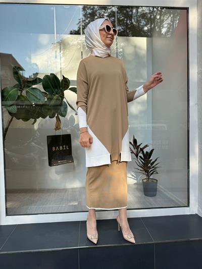 Yanları Renkli Kadın Triko Tunik Camel