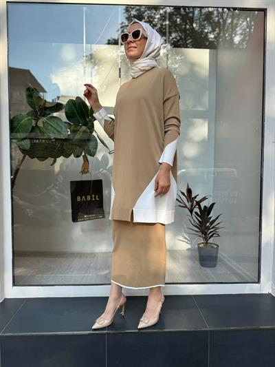 Yanları Renkli Kadın Triko Tunik Camel