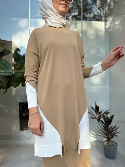 Yanları Renkli Kadın Triko Tunik Camel