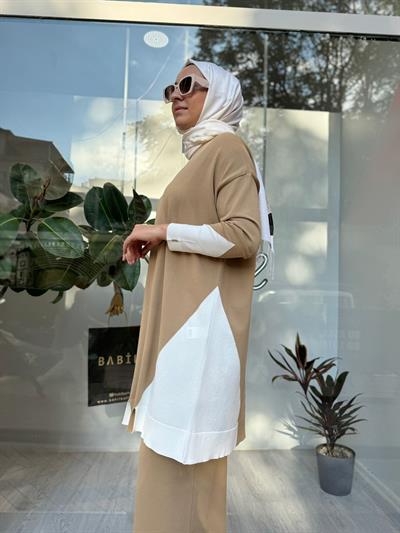 Yanları Renkli Kadın Triko Tunik Camel