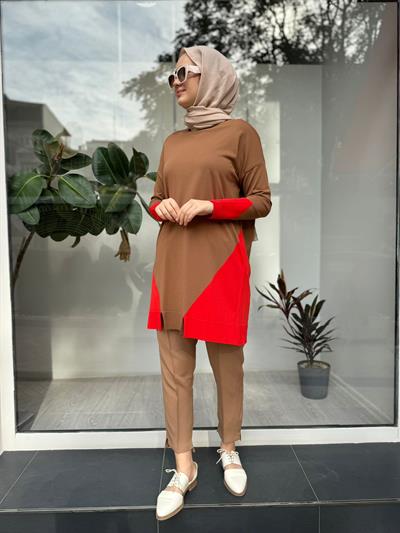 Yanları Renkli Kadın Triko Tunik Toprak