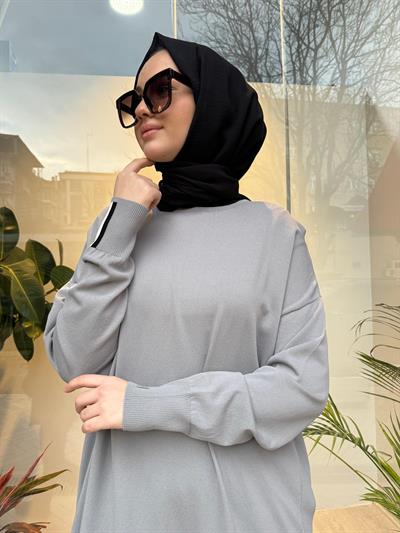 Yanları Şeritli Kadın Triko Tunik Gri