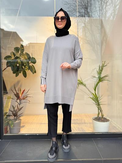 Yanları Şeritli Kadın Triko Tunik Gri