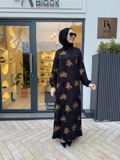 Yaprak Desenli Kadın Elbise Siyah