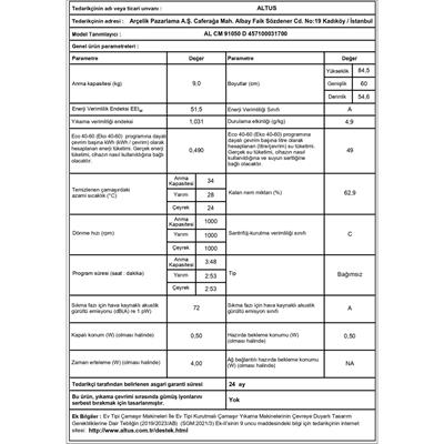 Altus AL CM 91050 D 1000 Devir 9 Kg Çamaşır Makinesi