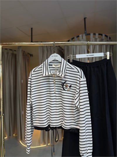 Çizgili Zıp Sweatshirt-Ekru Çizgili